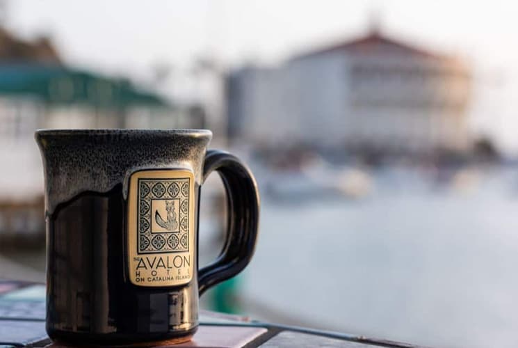 A black coffee mug with an "Avalon Hotel" logo sits on a table, with a blurred waterfront background.