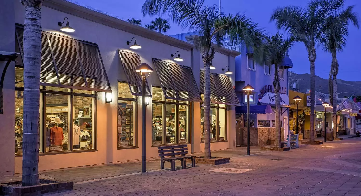 Twilight view of a shopping street lined with palm trees and illuminated storefronts.