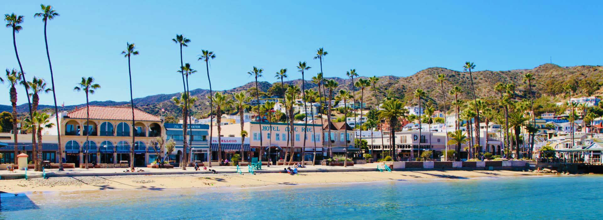 A sunny beach with palm trees and colorful buildings along the shoreline.
